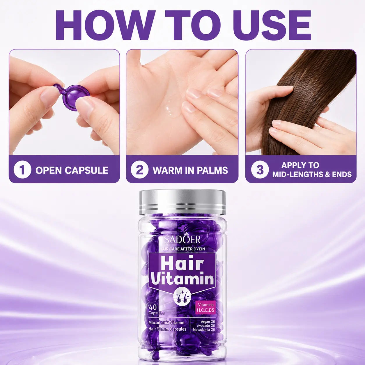 Hair Vitamin Capsules Infused with Violet Vitamins & Argan Oil for Color-Treated & Permed Hair Smooths Frizz Restores Silkiness & Shine 40 Capsules.