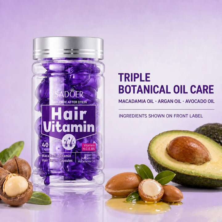 Hair Vitamin Capsules Infused with Violet Vitamins & Argan Oil for Color-Treated & Permed Hair Smooths Frizz Restores Silkiness & Shine 40 Capsules.